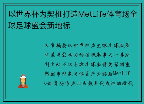 以世界杯为契机打造MetLife体育场全球足球盛会新地标 以世界杯为契机打造MetLife体育场全球足球盛会新地标
